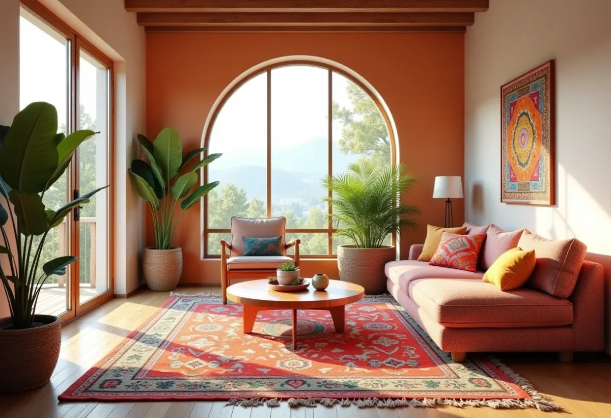 Sala de estar boho com cores vibrantes e iluminação natural