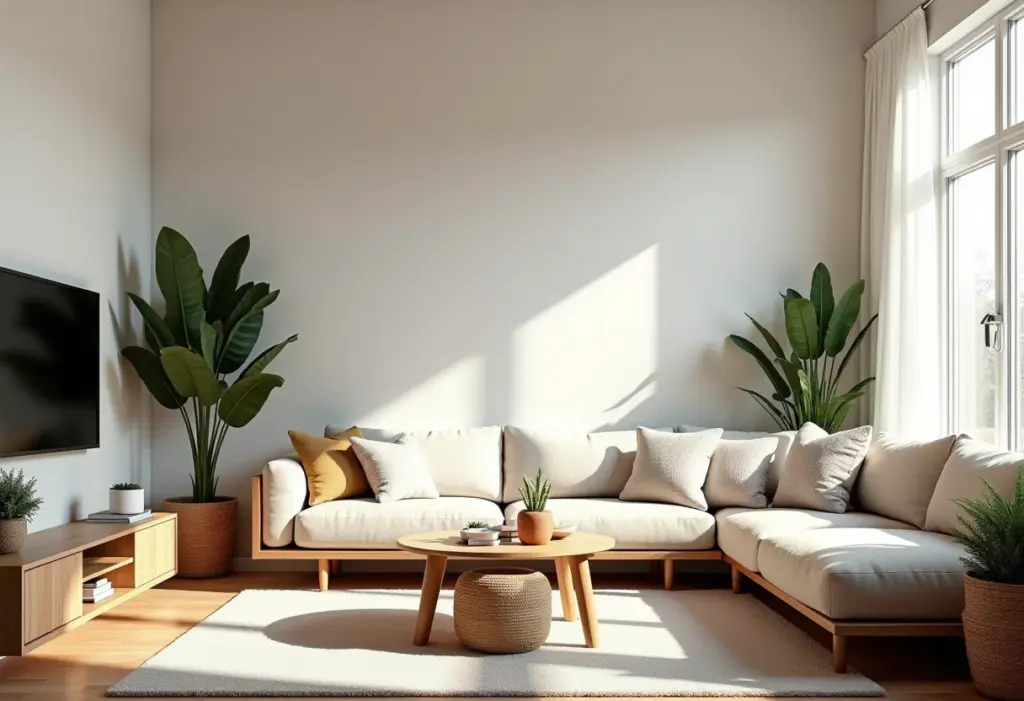 Sala de estar boho minimalista com cores neutras e iluminação natural