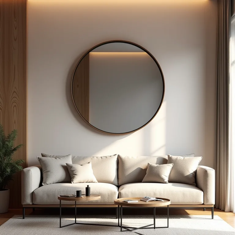 Sala de estar com espelho redondo como ponto focal