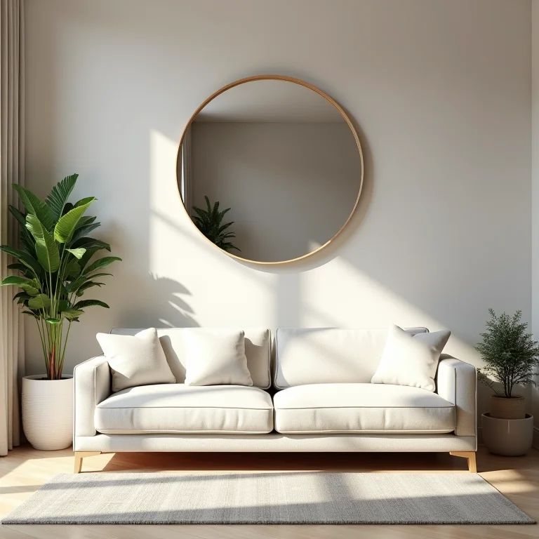 Sala de estar com espelho redondo sobre o sofá, ampliando o espaço.