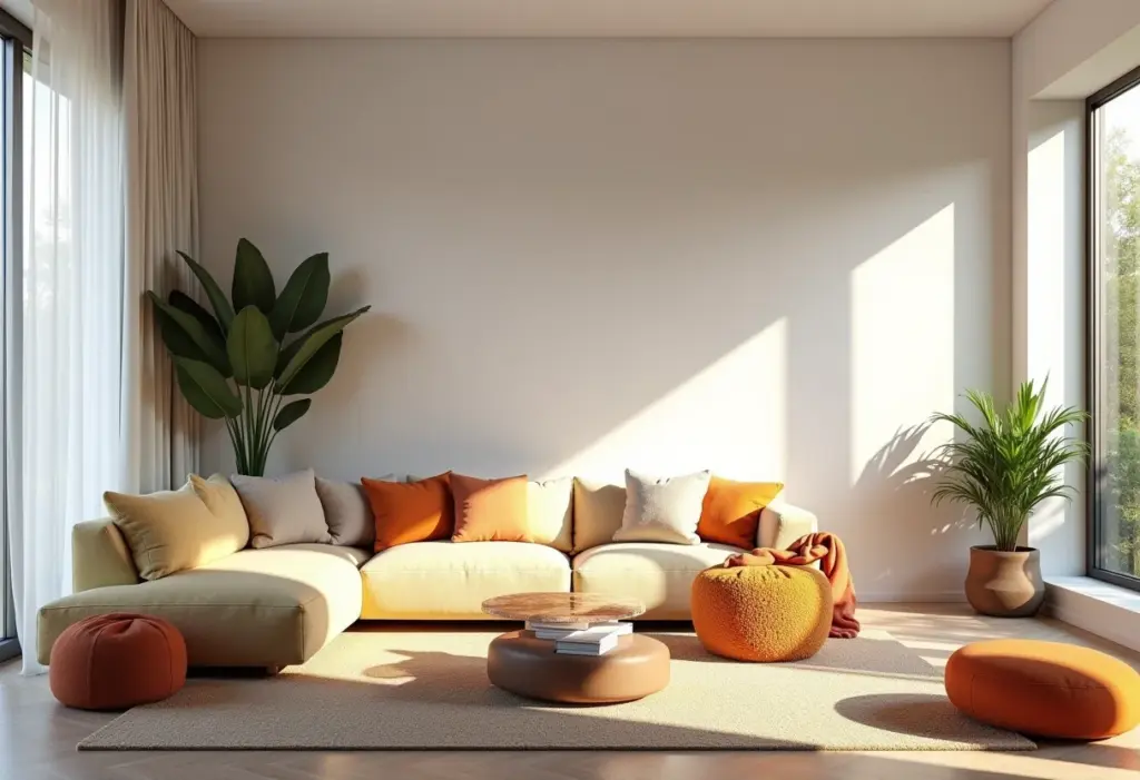 Sala de estar com estilo boho minimalista, destacando a luz natural e a paleta de cores neutra