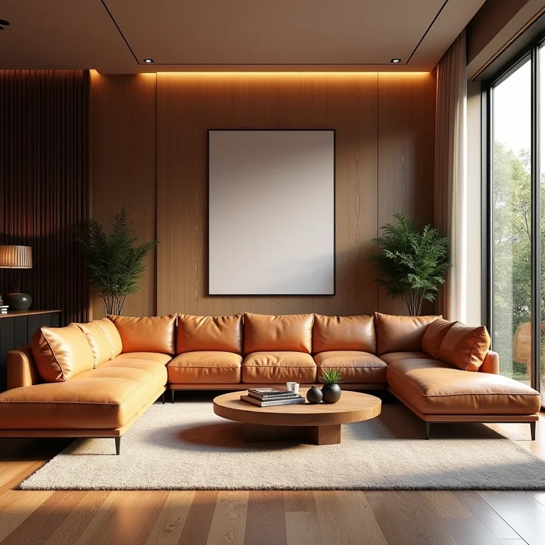 Sala de estar com móveis de madeira elegantes.