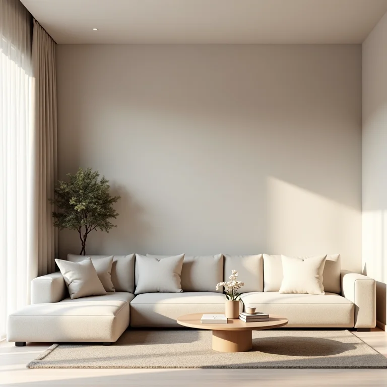Sala de estar com móveis em laca de tons neutros.