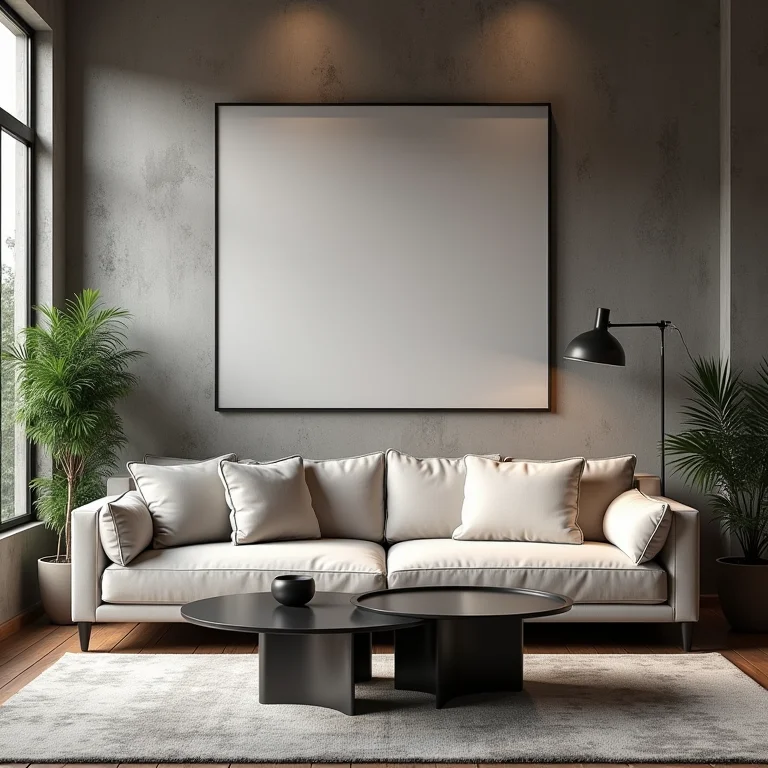 Sala de estar com móveis sem personalidade em estilo industrial.