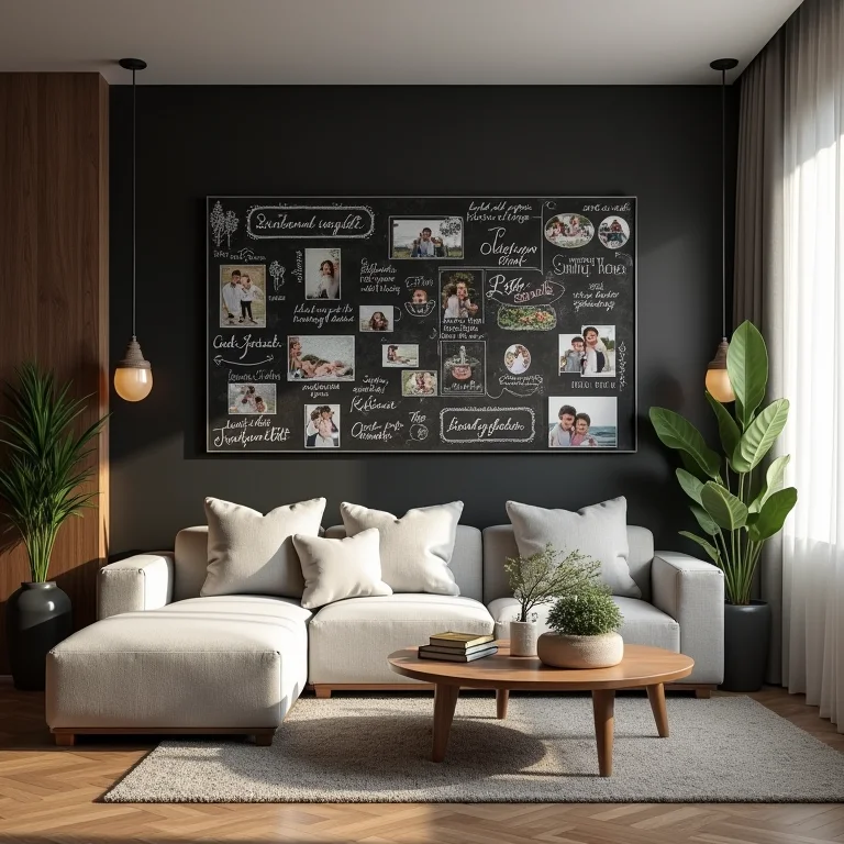 Sala de estar com mural de fotos e mensagens em parede lousa.