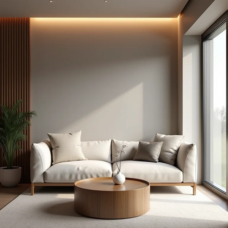 Sala de estar com sofá moderno e iluminação aconchegante