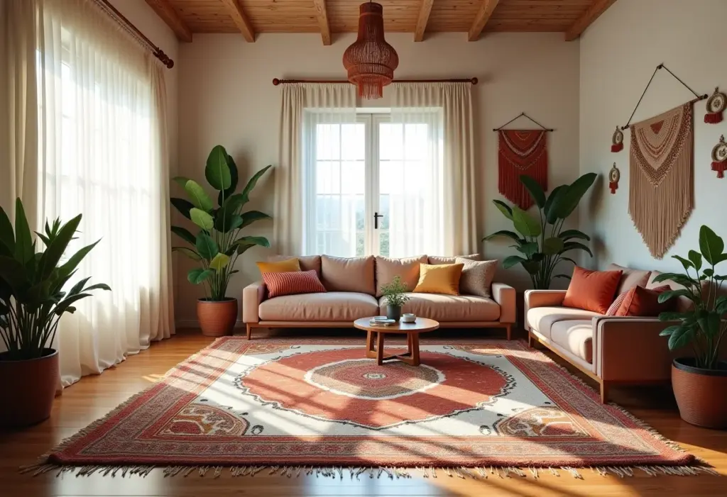 Sala de estar decorada em estilo boho com tapete grande e marcante