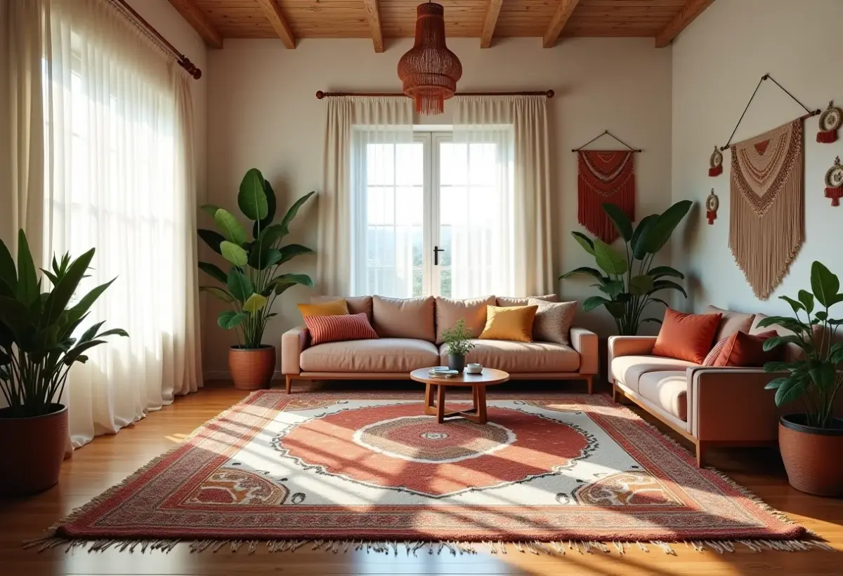 Sala de estar decorada em estilo boho com tapete grande e marcante