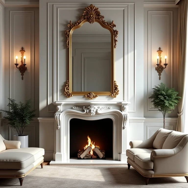 Sala de estar elegante com espelho veneziano.