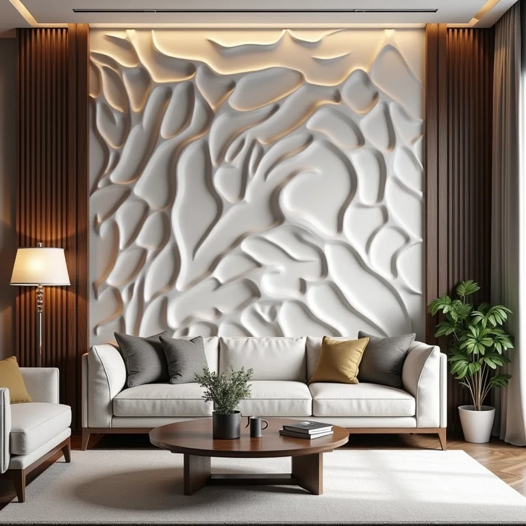 Sala de estar elegante com papel de parede 3D texturizado.