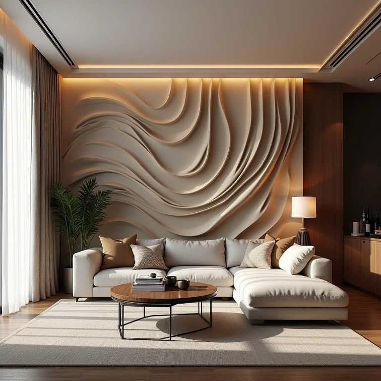 Sala de estar elegante com papel de parede 3D.