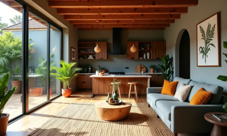 Sala de estar em conceito aberto com cozinha integrada, decoração brasileira moderna e vibrante.