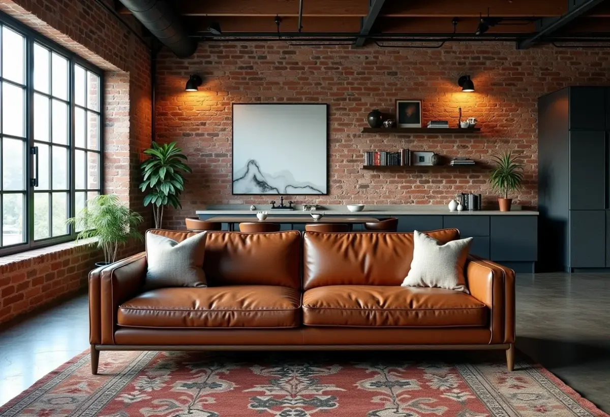 Sala de estar em estilo industrial com sofá de couro desgastado