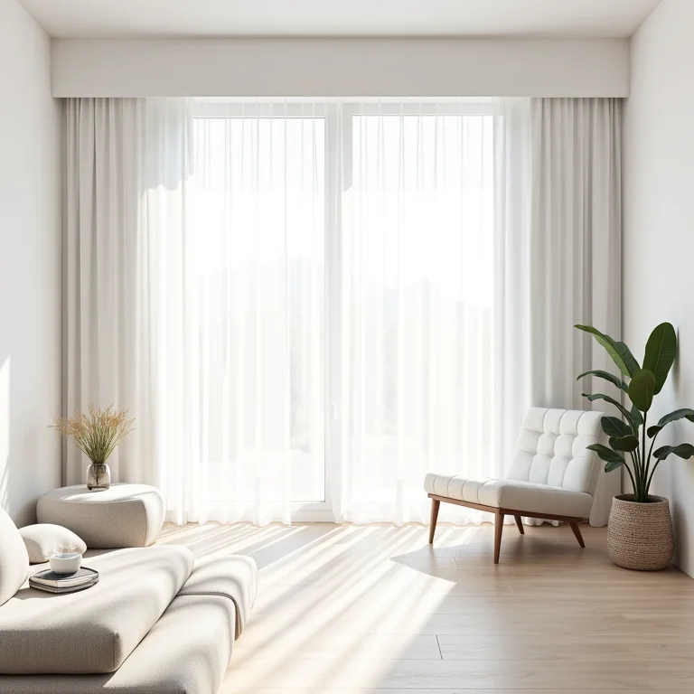 Sala de estar escandinava com cores claras e muita luz natural.