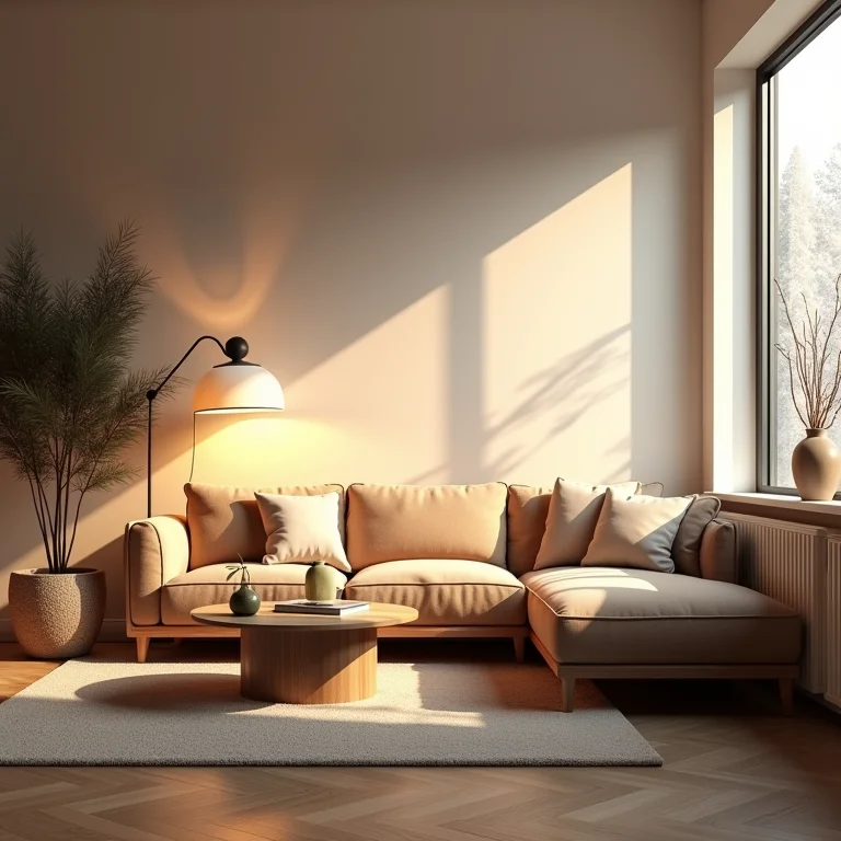 Sala de estar escandinava com iluminação aconchegante de um abajur.