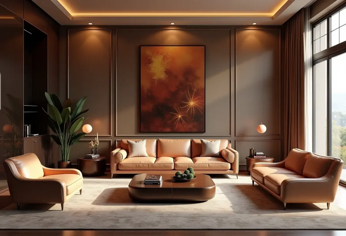 Sala de estar luxuosa com acabamento em laca brilhante impecável.