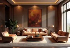 Sala de estar luxuosa com acabamento em laca brilhante impecável.