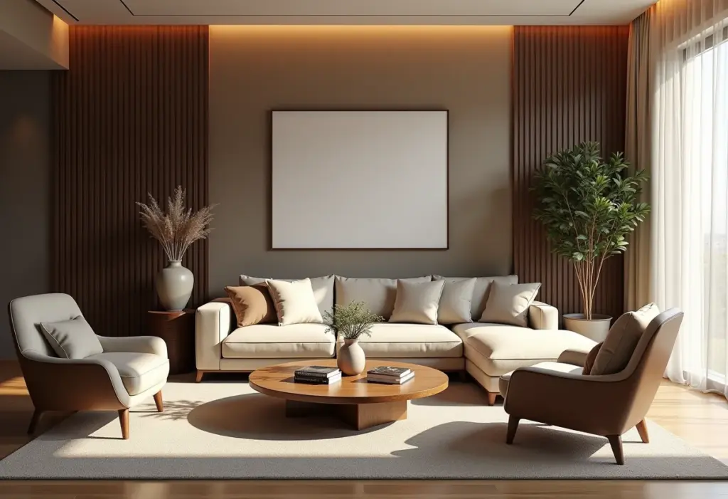 Sala de estar luxuosa com as tendências de decoração de 2026 em destaque.