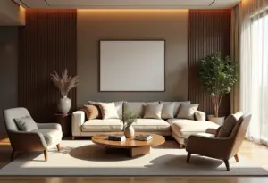 Decoração 2026: As tendências que vão bombar (e como aplicar) Sala de estar luxuosa com as tendências de decoração de 2026 em destaque.