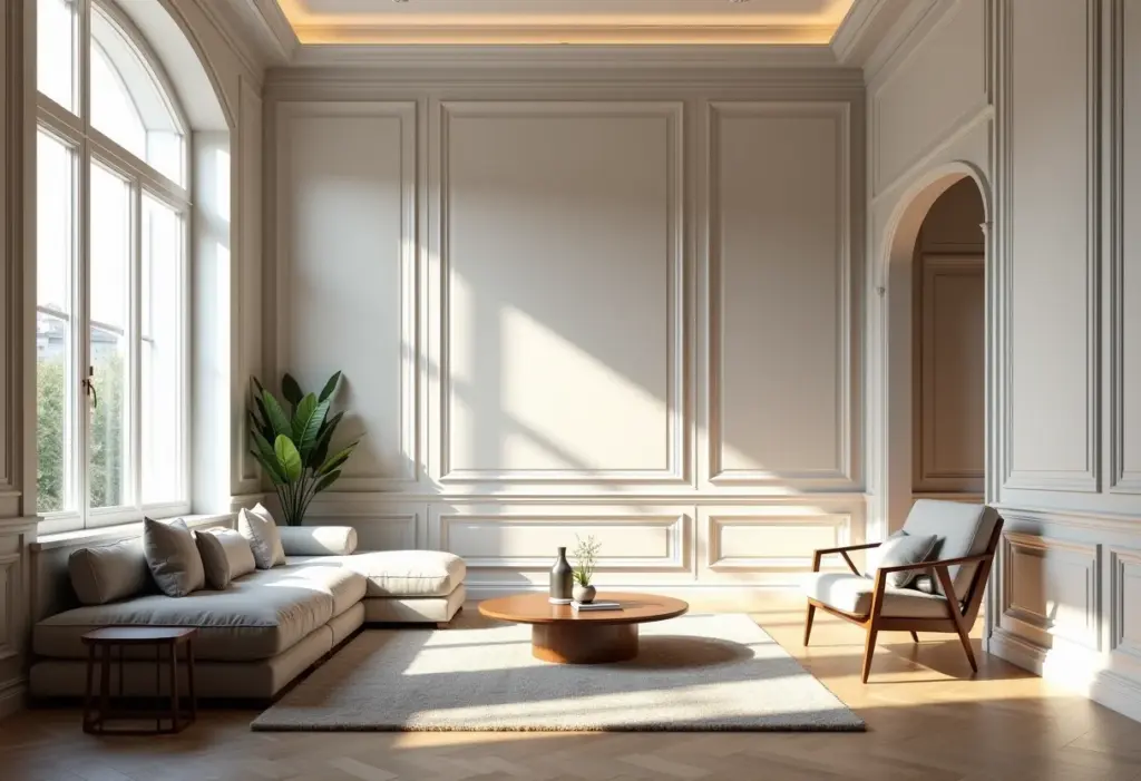 Rodapé: O truque de mestre para um acabamento perfeito Sala de estar luxuosa com diferentes tipos de rodapés