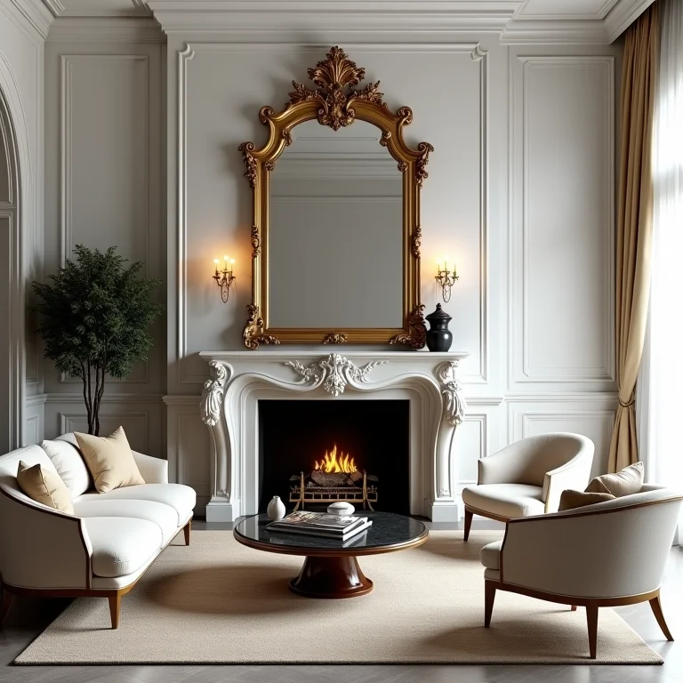 Sala de estar luxuosa com espelho veneziano sobre a lareira