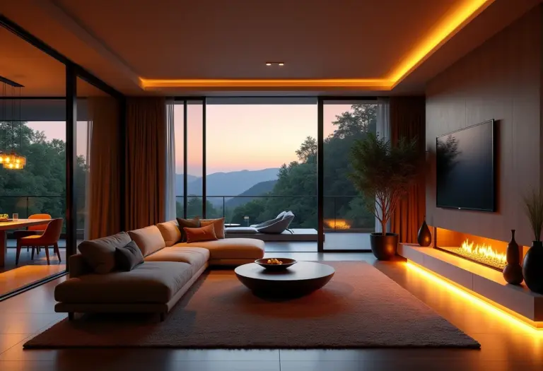 Sala de estar luxuosa com iluminação indireta suave