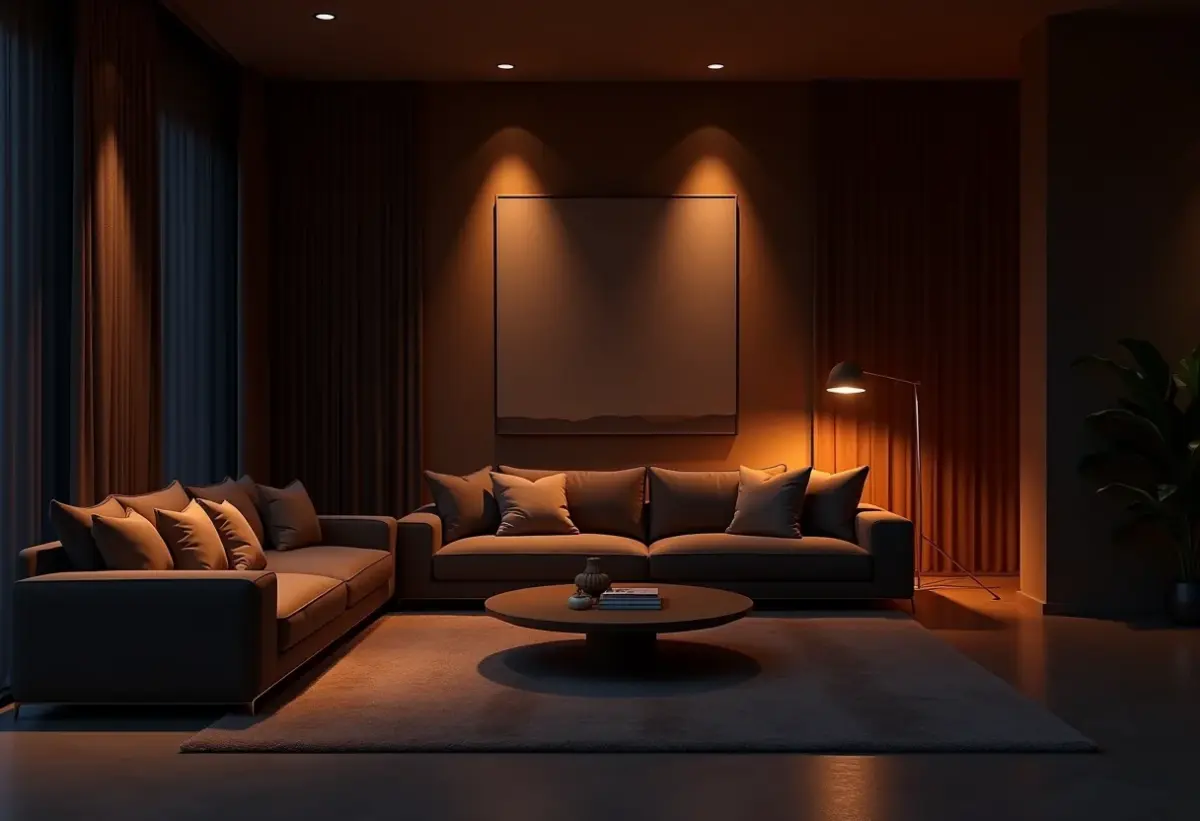 Sala de estar luxuosa com iluminação indireta suave criando um ambiente acolhedor