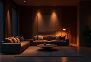 Sala de estar luxuosa com iluminação indireta suave criando um ambiente acolhedor