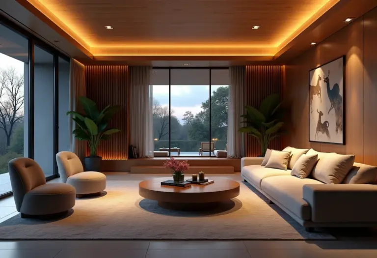 Sala de estar luxuosa com iluminação indireta suave, criando um ambiente acolhedor.