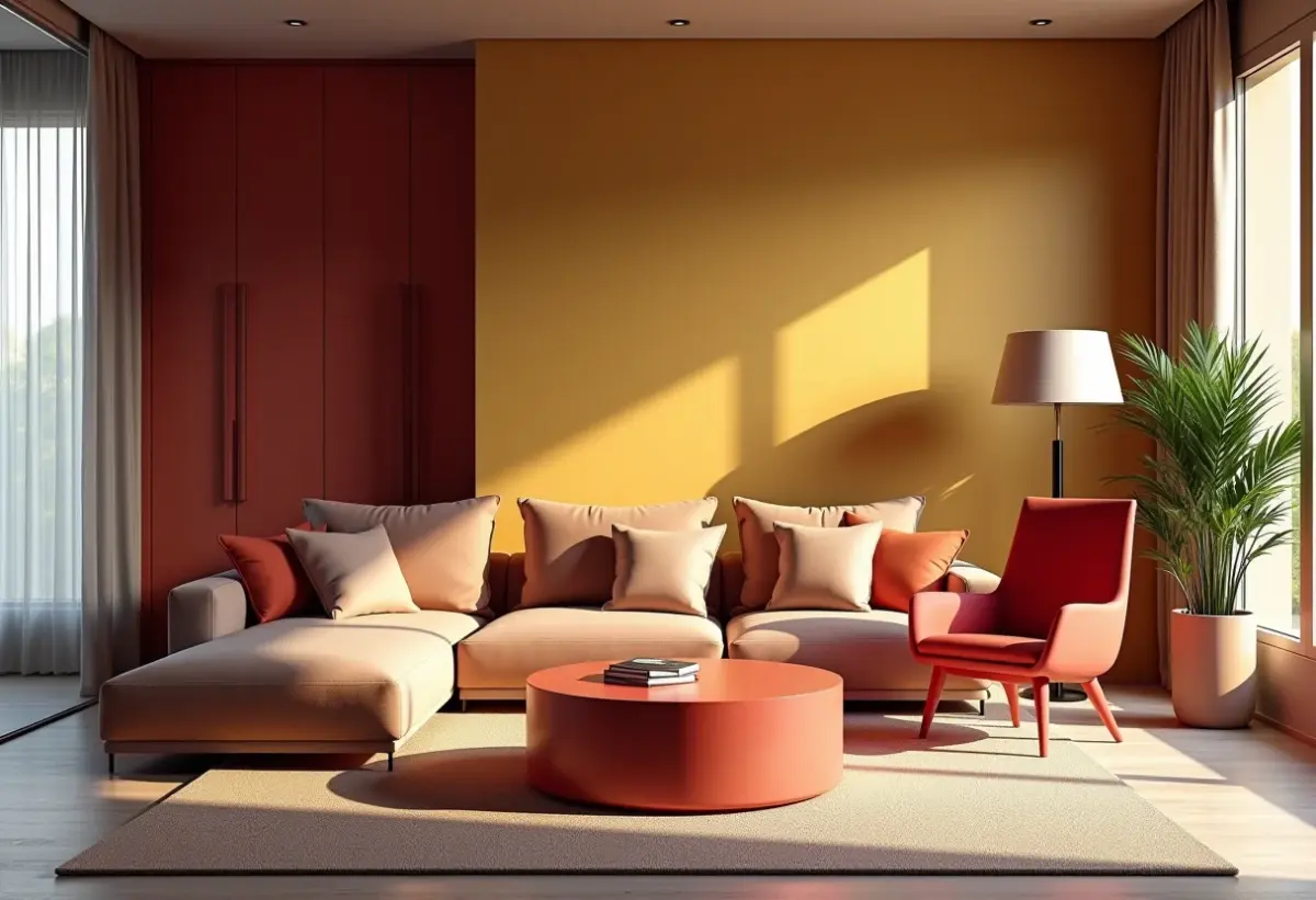 Sala de estar luxuosa com móveis laqueados em diversos acabamentos.