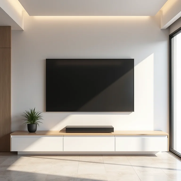 Sala de estar minimalista com painel de TV simples