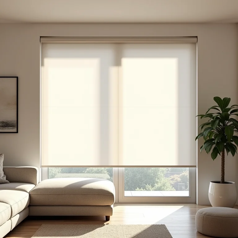 Sala de estar moderna com cortina rolô elegante.