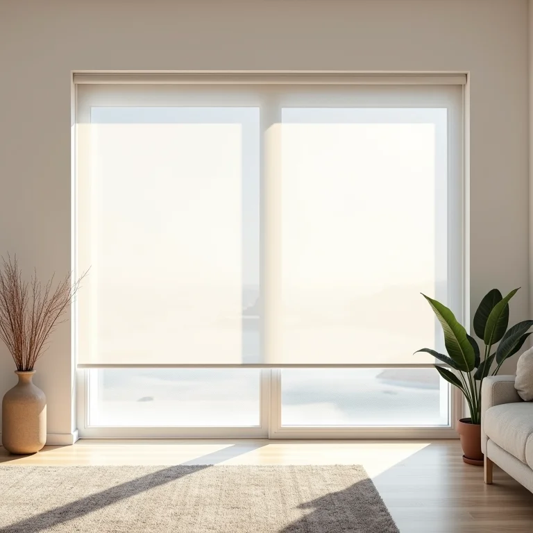 Sala de estar moderna com cortina rolô integrada ao estilo de decoração.