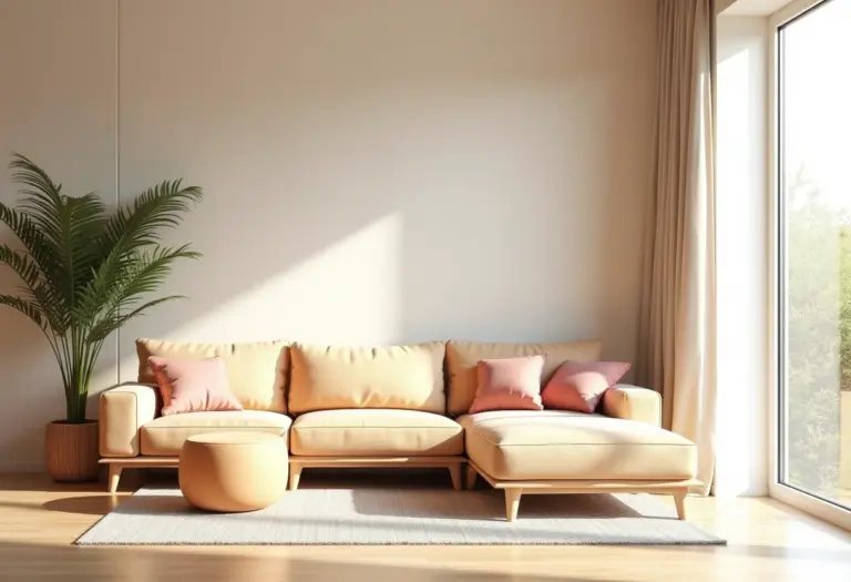 Sala de estar moderna com decoração em tons terrosos e materiais sustentáveis.