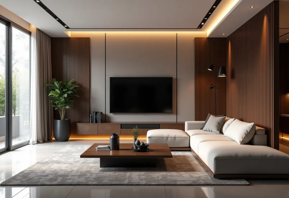 Sala de estar moderna com design funcional e móveis planejados.