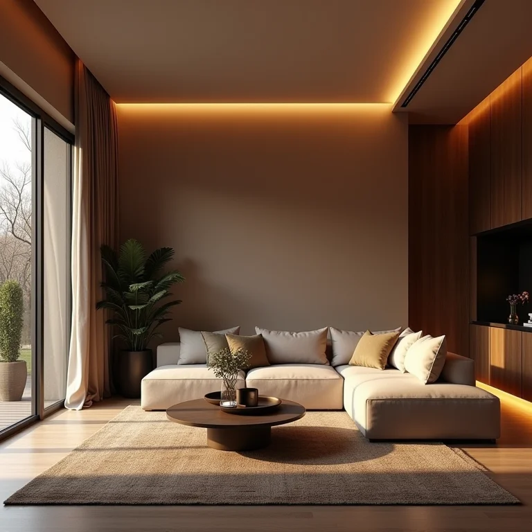 Sala de estar moderna com iluminação indireta criando um ambiente aconchegante