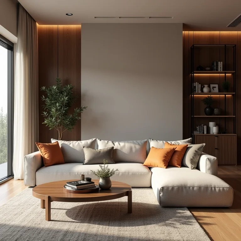 Sala de estar moderna com móveis em laca fosca.