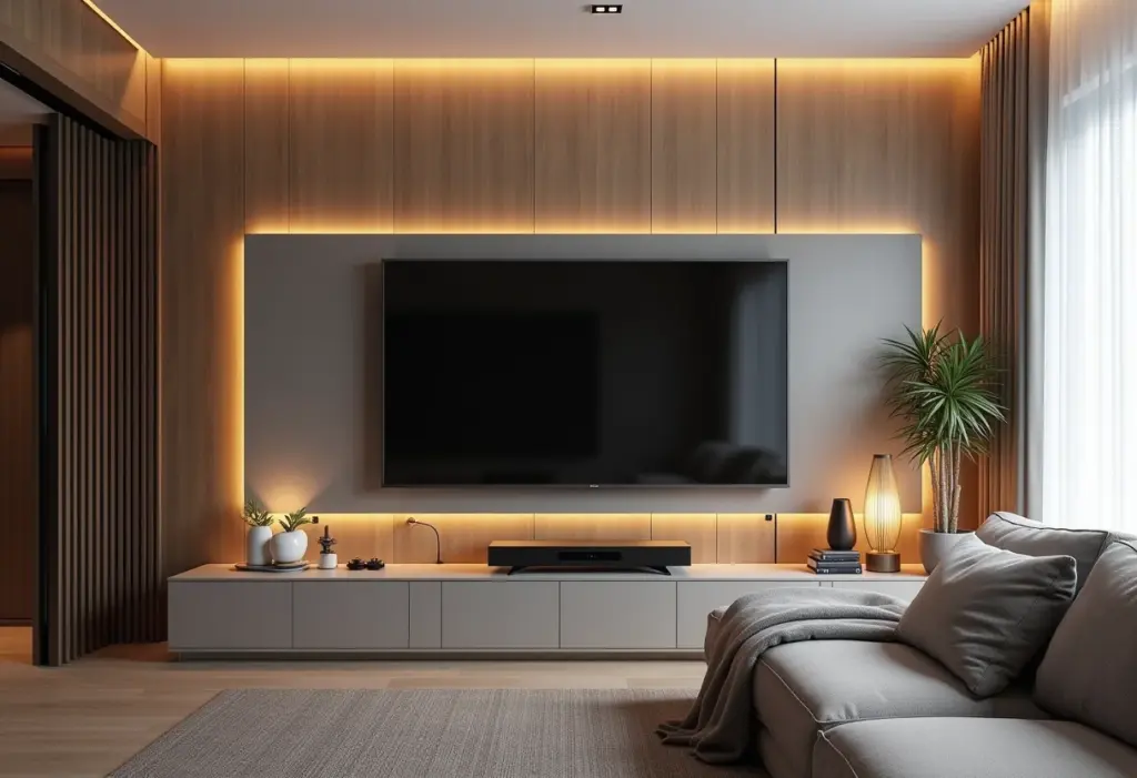 Sala de estar moderna com painel de TV que esconde fios