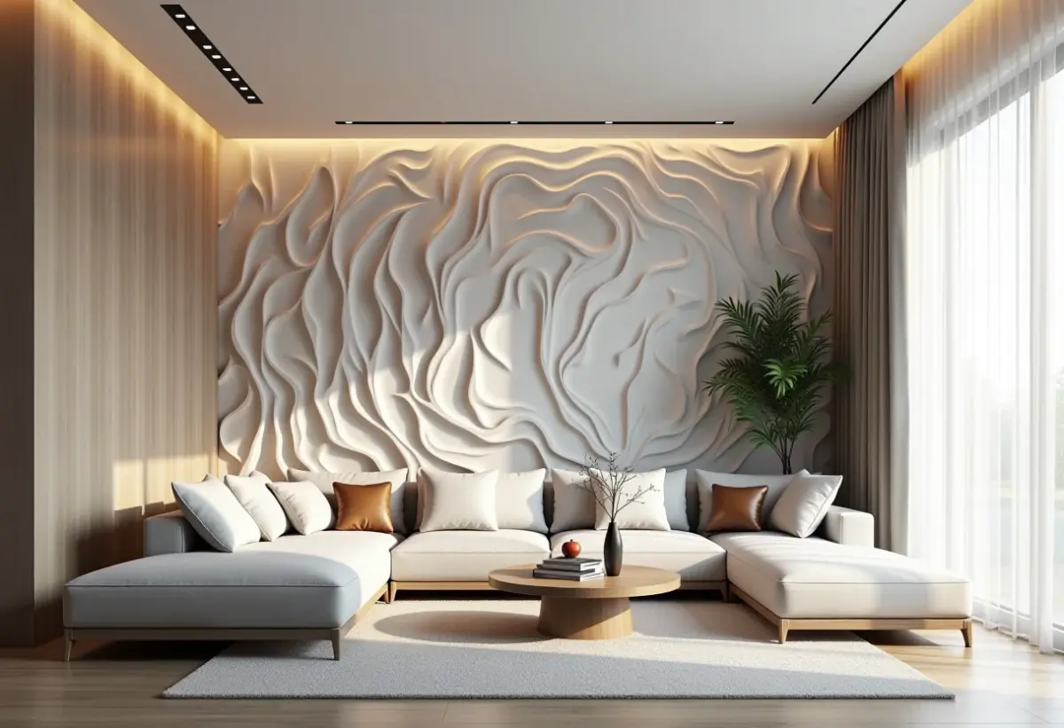 Sala de estar moderna com papel de parede 3D que imita relevo.