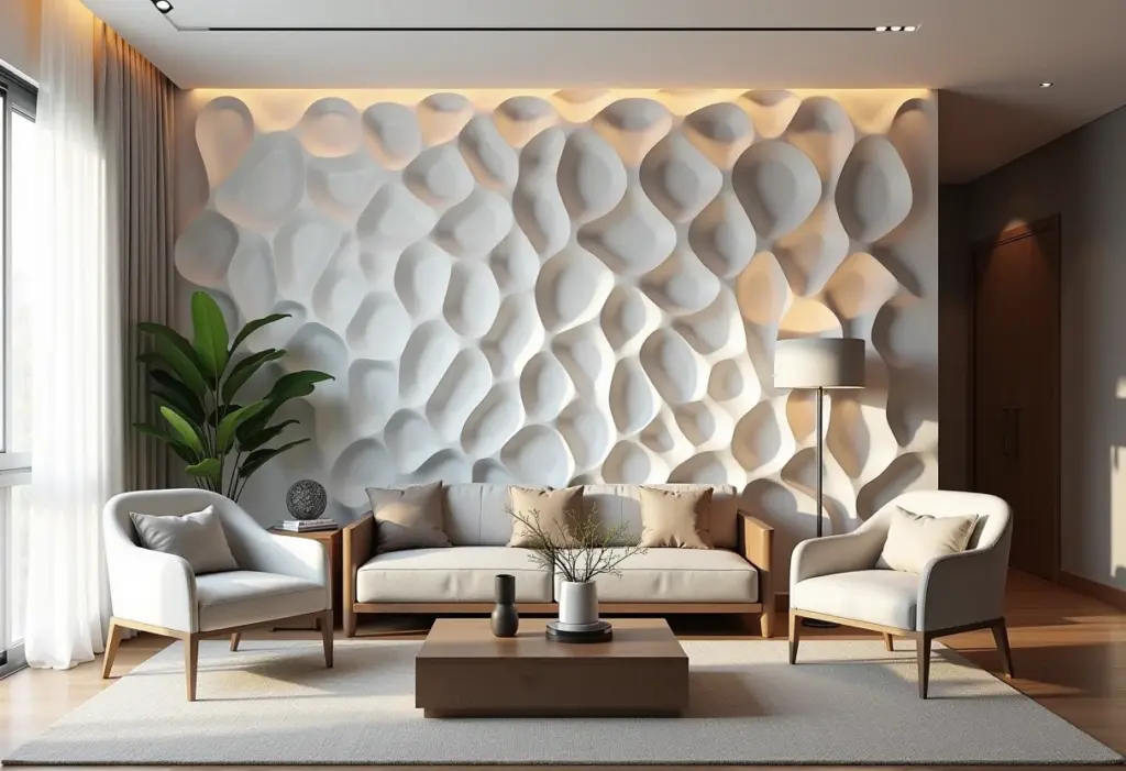 Papel de Parede 3D: O segredo para um ambiente moderno e luxuoso Sala de estar moderna com papel de parede 3D texturizado