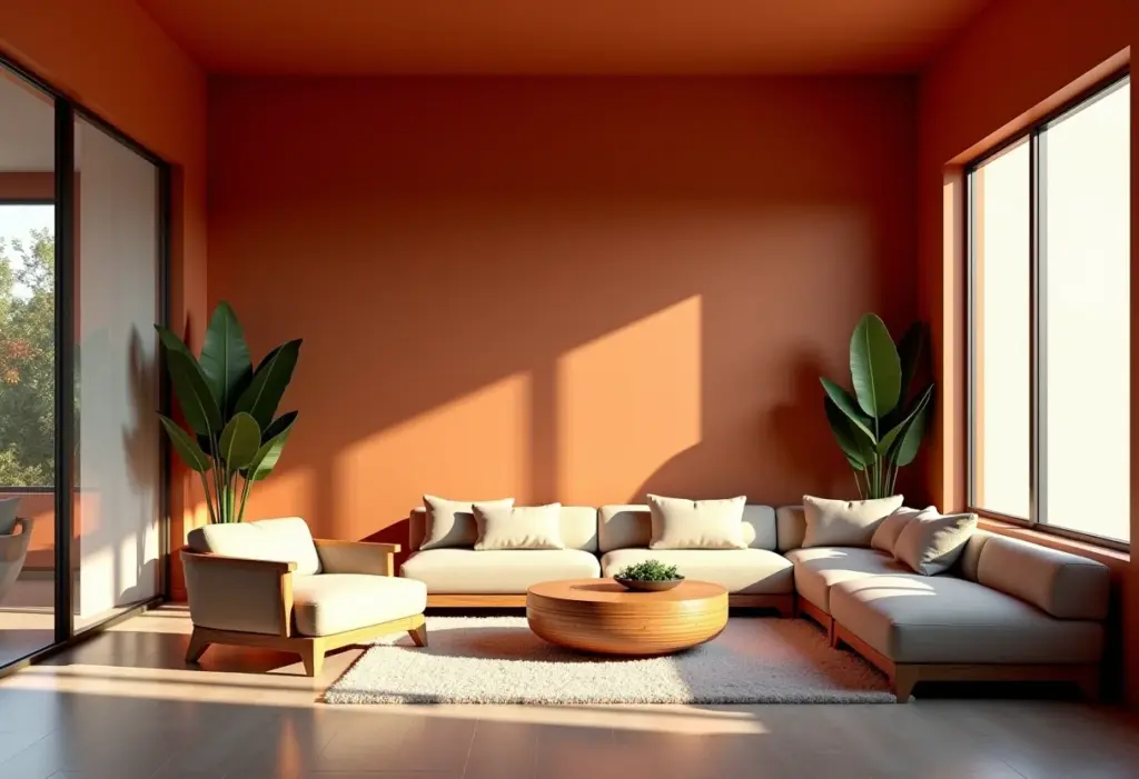 Cor terracota: o segredo para uma casa aconchegante e moderna Sala de estar moderna com paredes em terracota e luz natural