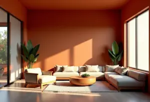 Sala de estar moderna com paredes em terracota e luz natural