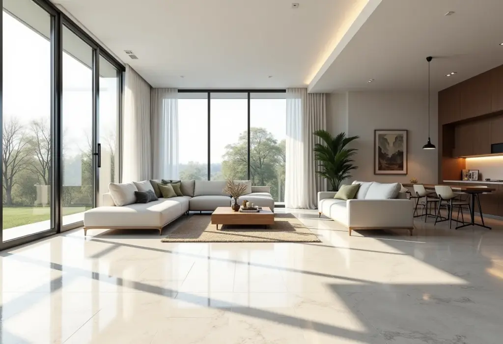 Granilite: O guia definitivo para usar na sua casa sem erros Sala de estar moderna com piso de granilite