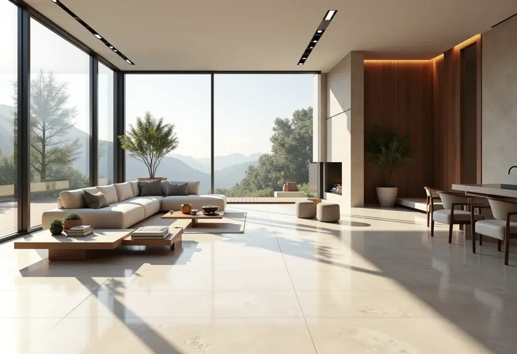 Granilite: o revestimento retrô que virou tendência moderna Sala de estar moderna com piso de granilite