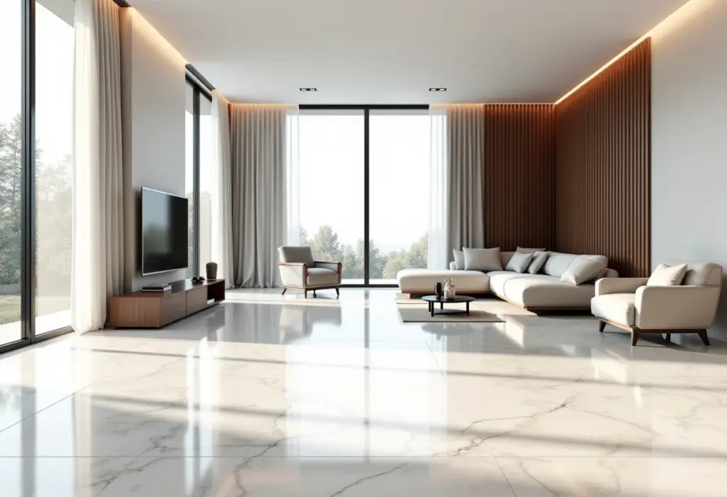 Granilite: O guia definitivo para um piso moderno e durável Sala de estar moderna com piso de granilite e design minimalista