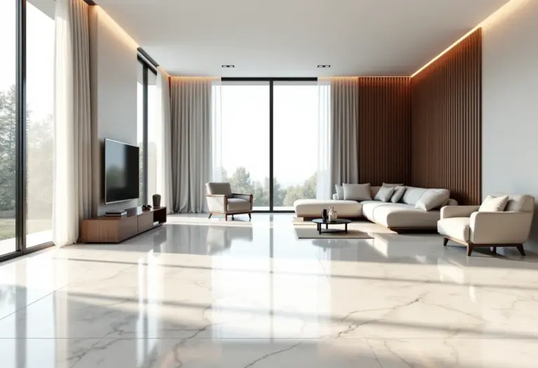 Sala de estar moderna com piso de granilite e design minimalista
