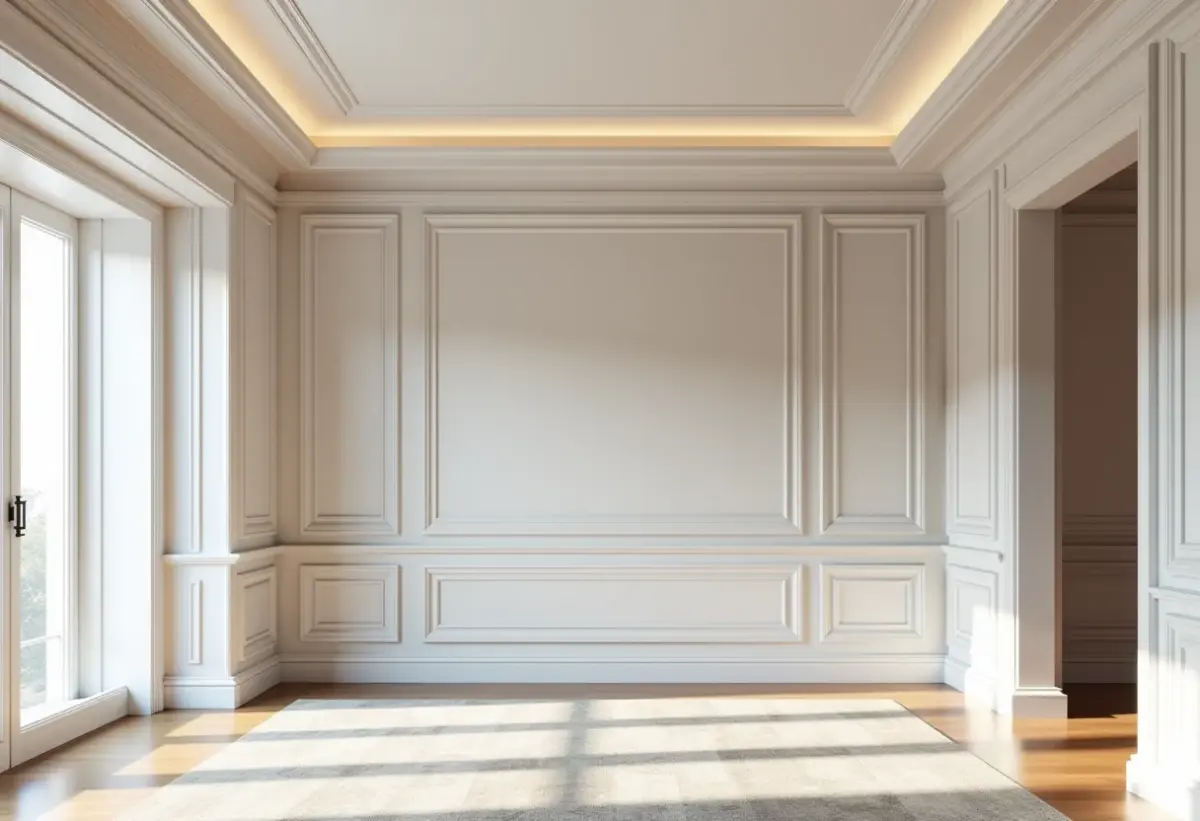 Sala de estar moderna com roda-teto elegante unindo parede e teto.