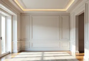 Sala de estar moderna com roda-teto elegante unindo parede e teto.