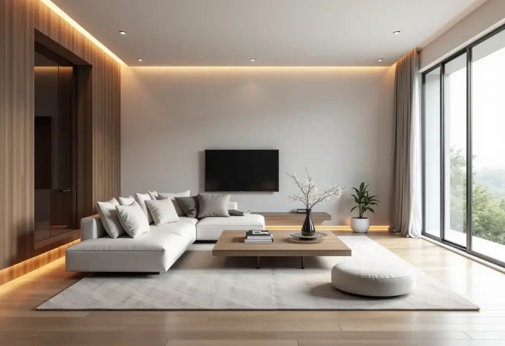 Rodapé Invertido: A ousadia que vai renovar sua casa Sala de estar moderna com rodapé invertido criando efeito de parede flutuante