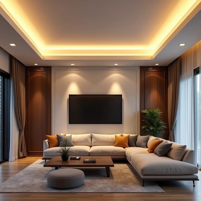 Sala de estar moderna com sancas de gesso iluminadas.